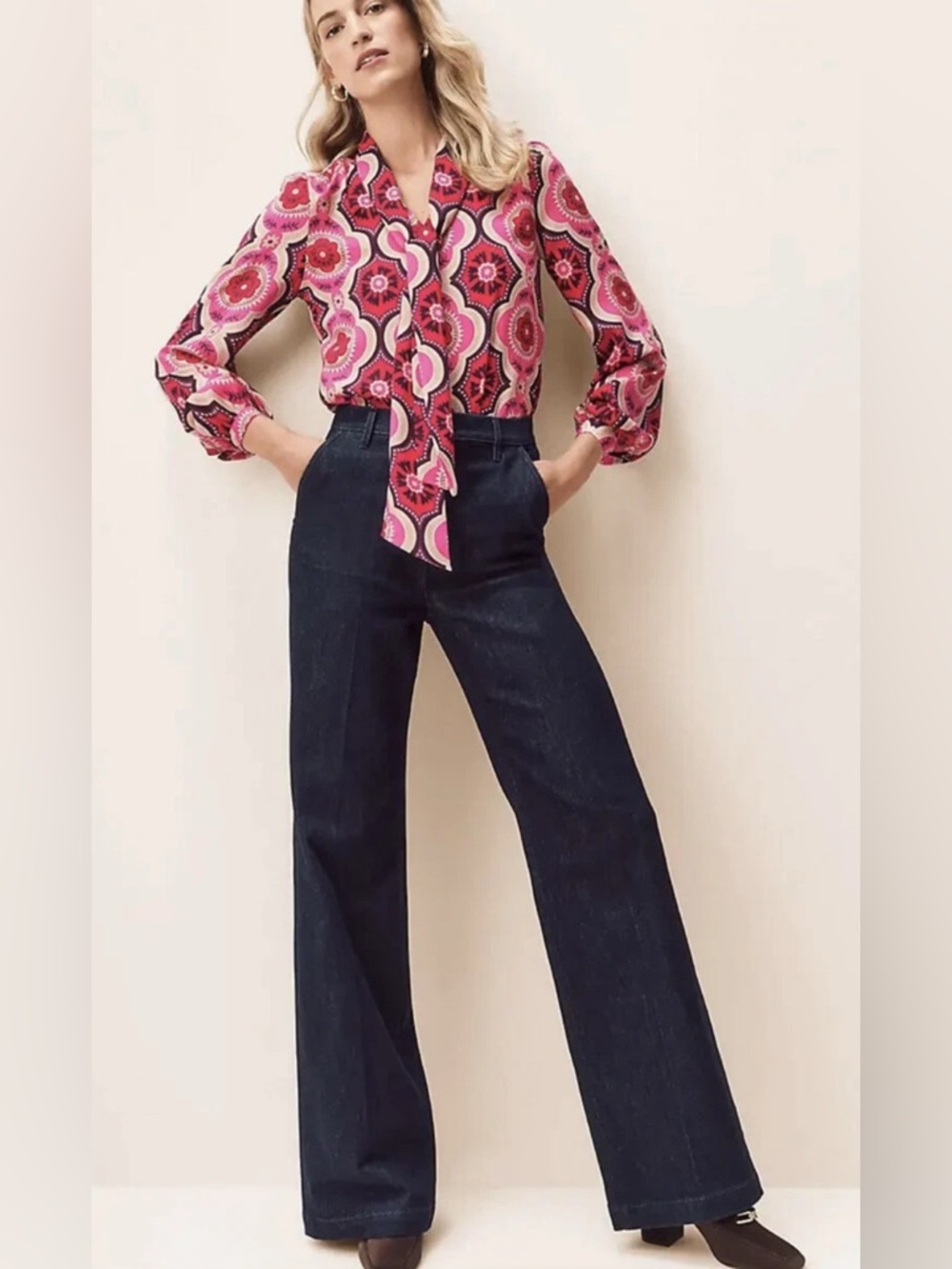 Ann Taylor Wide Leg Trouser Jeans Belted Dark Wash High Rise Size 2